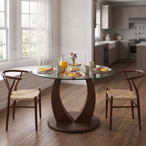 English Elm Table and Chair Set Round Tempered Glass Top Rope Woven Seats Walnut Pedestal Base W2920S00227