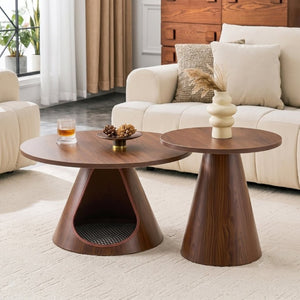English Elm Nesting Round Coffee Tables with Cat Cave Base Walnut Melamine Top Steel Legs W2920S00228