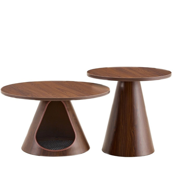 English Elm Nesting Round Coffee Tables with Cat Cave Base Walnut Melamine Top Steel Legs W2920S00228