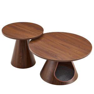 English Elm Nesting Round Coffee Tables with Cat Cave Base Walnut Melamine Top Steel Legs W2920S00228
