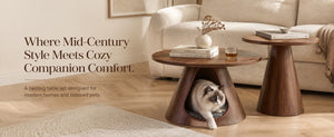 English Elm Nesting Round Coffee Tables with Cat Cave Base Walnut Melamine Top Steel Legs W2920S00228