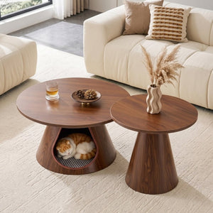 English Elm Nesting Round Coffee Tables with Cat Cave Base Walnut Melamine Top Steel Legs W2920S00228