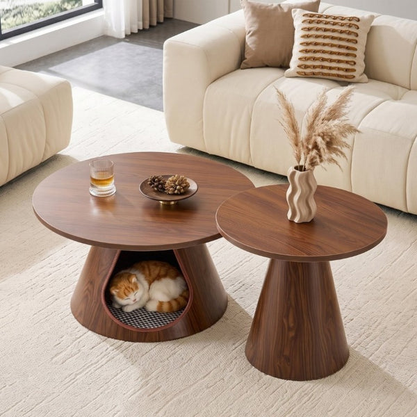 English Elm Nesting Round Coffee Tables with Cat Cave Base Walnut Melamine Top Steel Legs W2920S00228