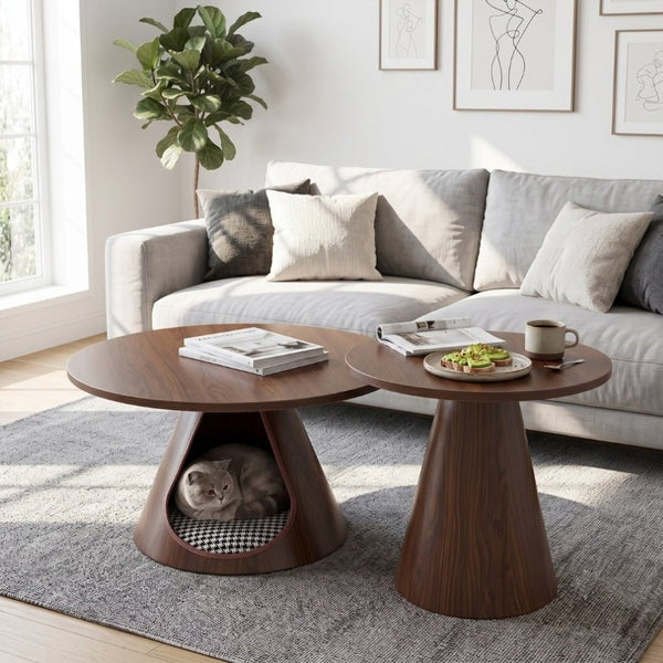 English Elm Nesting Round Coffee Tables with Cat Cave Base Walnut Melamine Top Steel Legs W2920S00228