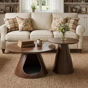 English Elm Nesting Round Coffee Tables with Cat Cave Base Walnut Melamine Top Steel Legs W2920S00228