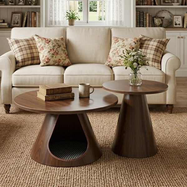 English Elm Nesting Round Coffee Tables with Cat Cave Base Walnut Melamine Top Steel Legs W2920S00228