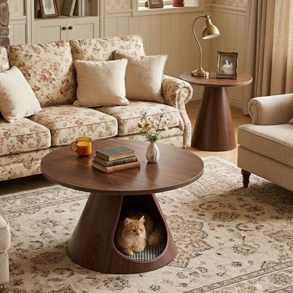 English Elm Nesting Round Coffee Tables with Cat Cave Base Walnut Melamine Top Steel Legs W2920S00228