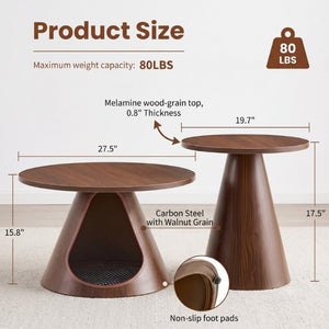 English Elm Nesting Round Coffee Tables with Cat Cave Base Walnut Melamine Top Steel Legs W2920S00228