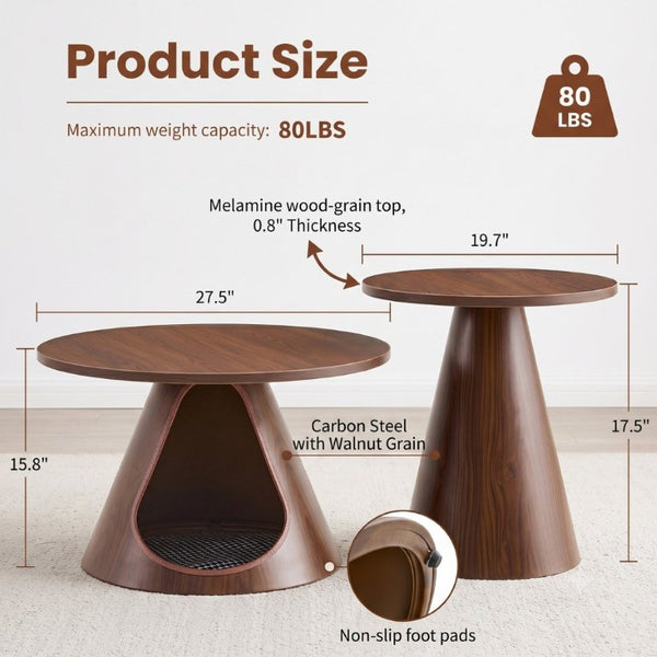 English Elm Nesting Round Coffee Tables with Cat Cave Base Walnut Melamine Top Steel Legs W2920S00228