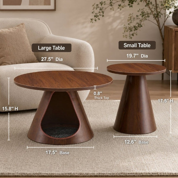 English Elm Nesting Round Coffee Tables with Cat Cave Base Walnut Melamine Top Steel Legs W2920S00228