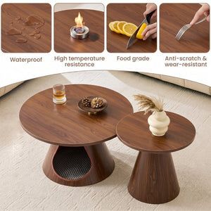 English Elm Nesting Round Coffee Tables with Cat Cave Base Walnut Melamine Top Steel Legs W2920S00228
