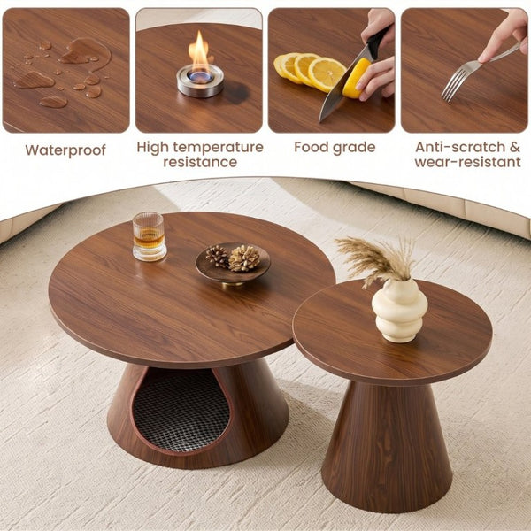 English Elm Nesting Round Coffee Tables with Cat Cave Base Walnut Melamine Top Steel Legs W2920S00228