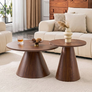 English Elm Round Nesting Coffee Tables Walnut Grain Melamine Tops Steel Pedestal Base Living Room W2920S00229