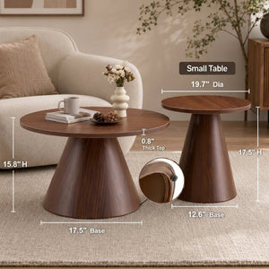 English Elm Round Nesting Coffee Tables Walnut Grain Melamine Tops Steel Pedestal Base Living Room W2920S00229