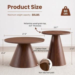 English Elm Round Nesting Coffee Tables Walnut Grain Melamine Tops Steel Pedestal Base Living Room W2920S00229
