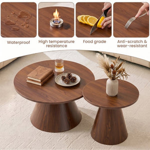 English Elm Round Nesting Coffee Tables Walnut Grain Melamine Tops Steel Pedestal Base Living Room W2920S00229