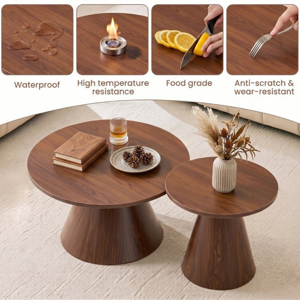 English Elm Round Nesting Coffee Tables Walnut Grain Melamine Tops Steel Pedestal Base Living Room W2920S00229