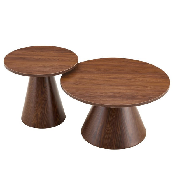 English Elm Round Nesting Coffee Tables Walnut Grain Melamine Tops Steel Pedestal Base Living Room W2920S00229