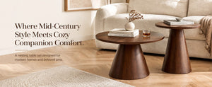 English Elm Round Nesting Coffee Tables Walnut Grain Melamine Tops Steel Pedestal Base Living Room W2920S00229