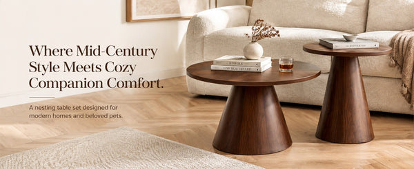 English Elm Round Nesting Coffee Tables Walnut Grain Melamine Tops Steel Pedestal Base Living Room W2920S00229