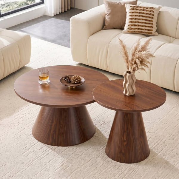 English Elm Round Nesting Coffee Tables Walnut Grain Melamine Tops Steel Pedestal Base Living Room W2920S00229