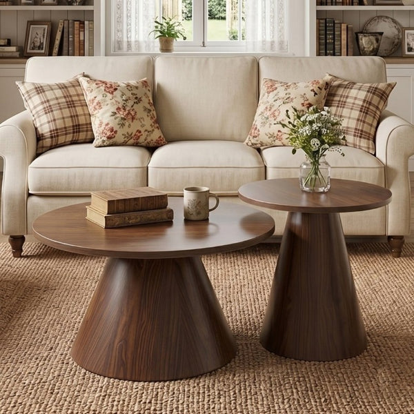 English Elm Round Nesting Coffee Tables Walnut Grain Melamine Tops Steel Pedestal Base Living Room W2920S00229