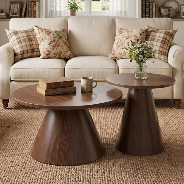 English Elm Round Nesting Coffee Tables Walnut Grain Melamine Tops Steel Pedestal Base Living Room W2920S00229