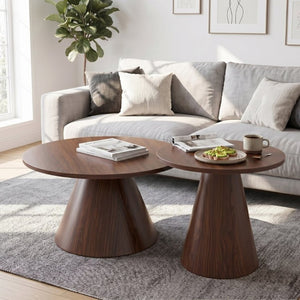 English Elm Round Nesting Coffee Tables Walnut Grain Melamine Tops Steel Pedestal Base Living Room W2920S00229