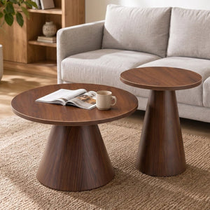English Elm Round Nesting Coffee Tables Walnut Grain Melamine Tops Steel Pedestal Base Living Room W2920S00229