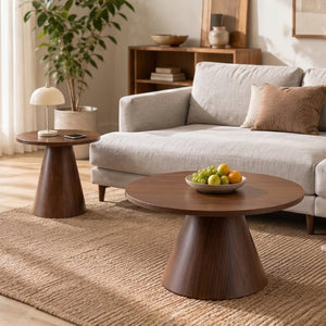 English Elm Round Nesting Coffee Tables Walnut Grain Melamine Tops Steel Pedestal Base Living Room W2920S00229