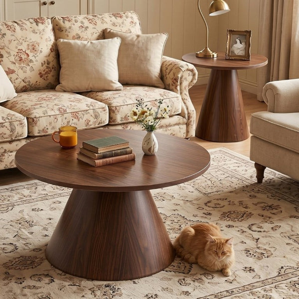 English Elm Round Nesting Coffee Tables Walnut Grain Melamine Tops Steel Pedestal Base Living Room W2920S00229