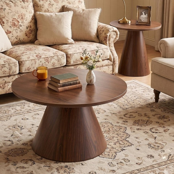 English Elm Round Nesting Coffee Tables Walnut Grain Melamine Tops Steel Pedestal Base Living Room W2920S00229