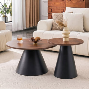 English Elm Round Nesting Coffee Tables Walnut Grain Top Steel Cone Base Mid-Century Living Room Set Walnut+Black W2920S00230