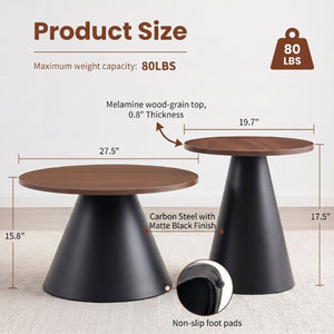 English Elm Round Nesting Coffee Tables Walnut Grain Top Steel Cone Base Mid-Century Living Room Set Walnut+Black W2920S00230
