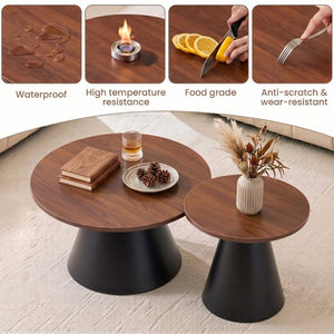 English Elm Round Nesting Coffee Tables Walnut Grain Top Steel Cone Base Mid-Century Living Room Set Walnut+Black W2920S00230
