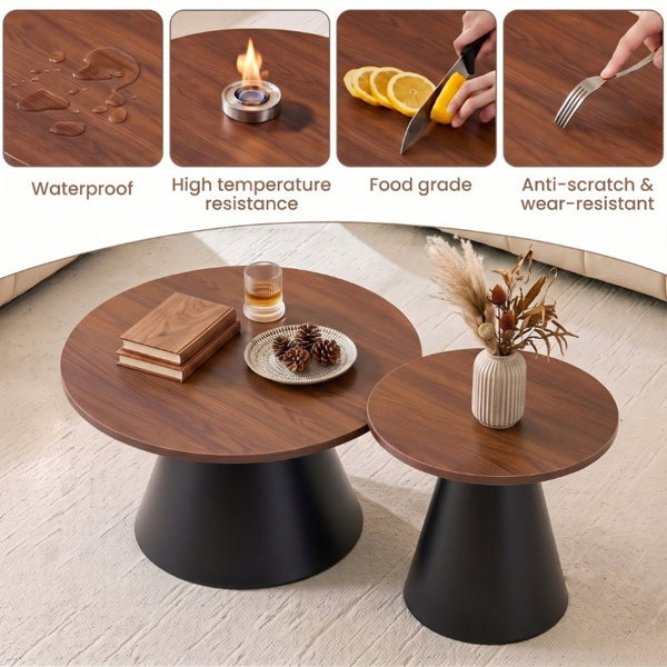 English Elm Round Nesting Coffee Tables Walnut Grain Top Steel Cone Base Mid-Century Living Room Set Walnut+Black W2920S00230