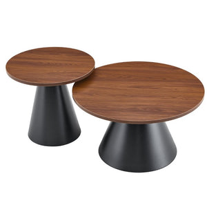 English Elm Round Nesting Coffee Tables Walnut Grain Top Steel Cone Base Mid-Century Living Room Set Walnut+Black W2920S00230