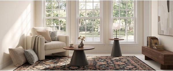 English Elm Round Nesting Coffee Tables Walnut Grain Top Steel Cone Base Mid-Century Living Room Set Walnut+Black W2920S00230
