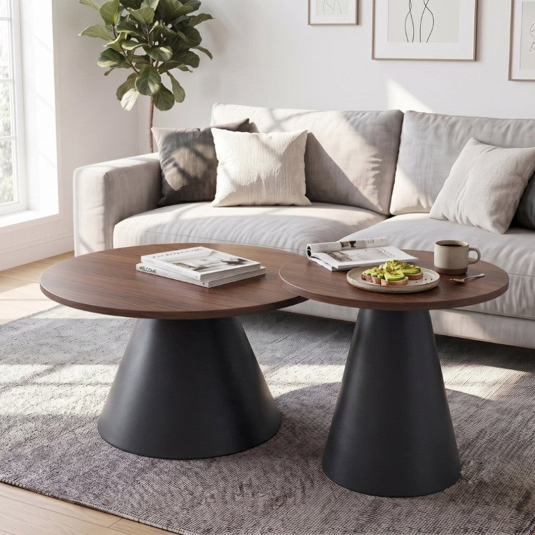 English Elm Round Nesting Coffee Tables Walnut Grain Top Steel Cone Base Mid-Century Living Room Set Walnut+Black W2920S00230