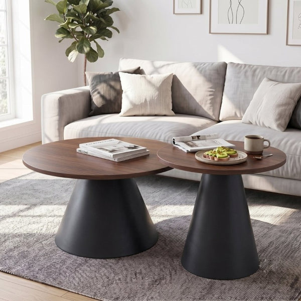 English Elm Round Nesting Coffee Tables Walnut Grain Top Steel Cone Base Mid-Century Living Room Set Walnut+Black W2920S00230