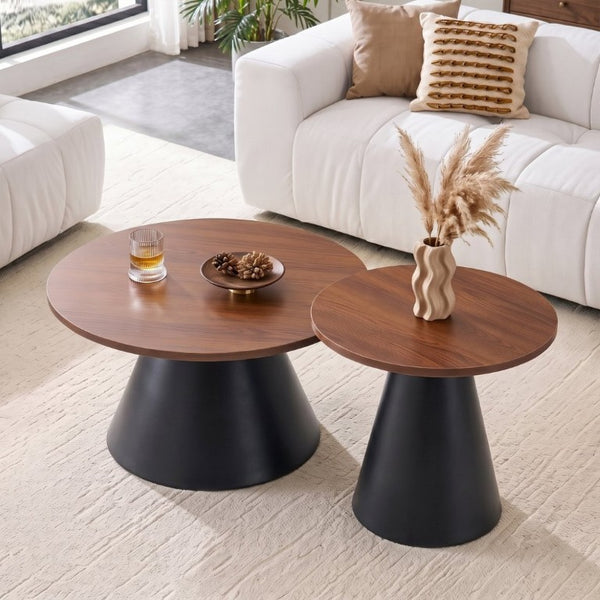 English Elm Round Nesting Coffee Tables Walnut Grain Top Steel Cone Base Mid-Century Living Room Set Walnut+Black W2920S00230