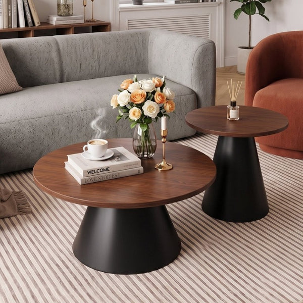 English Elm Round Nesting Coffee Tables Walnut Grain Top Steel Cone Base Mid-Century Living Room Set Walnut+Black W2920S00230