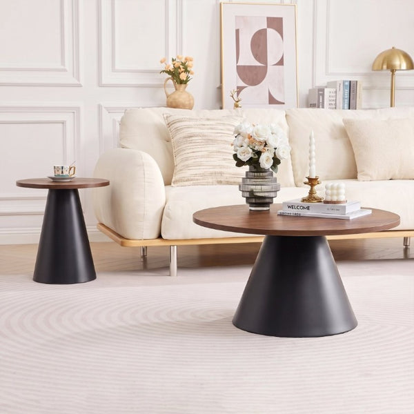 English Elm Round Nesting Coffee Tables Walnut Grain Top Steel Cone Base Mid-Century Living Room Set Walnut+Black W2920S00230