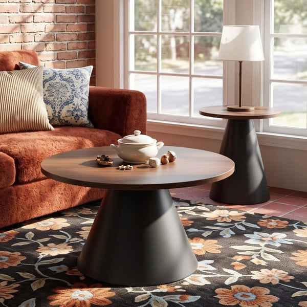 English Elm Round Nesting Coffee Tables Walnut Grain Top Steel Cone Base Mid-Century Living Room Set Walnut+Black W2920S00230