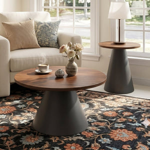 English Elm Round Nesting Coffee Tables Walnut Grain Top Steel Cone Base Mid-Century Living Room Set Walnut+Black W2920S00230