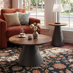 English Elm Round Nesting Coffee Tables Walnut Grain Top Steel Cone Base Mid-Century Living Room Set Walnut+Black W2920S00230