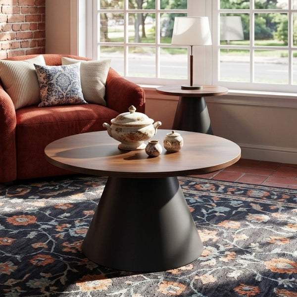 English Elm Round Nesting Coffee Tables Walnut Grain Top Steel Cone Base Mid-Century Living Room Set Walnut+Black W2920S00230