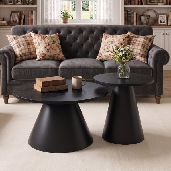 English Elm Round Nesting Coffee Tables Walnut Grain Top Steel Cone Base Mid-Century Living Room Set Black W2920S00231