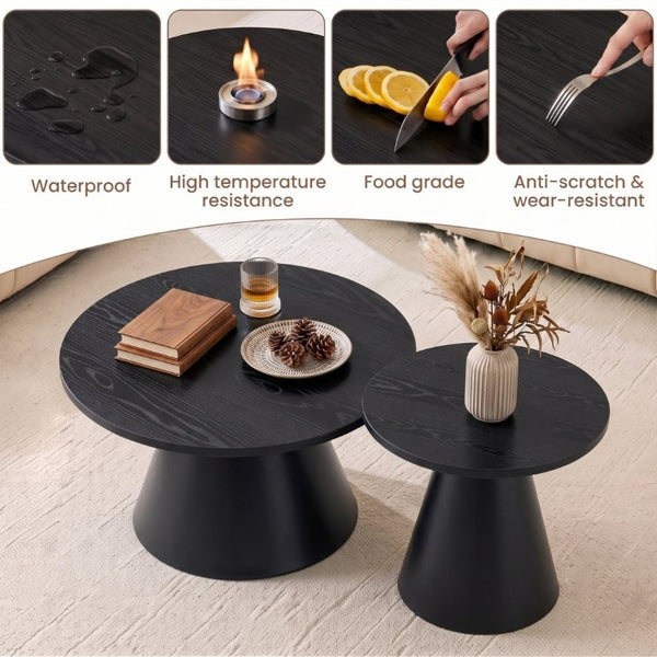 English Elm Round Nesting Coffee Tables Walnut Grain Top Steel Cone Base Mid-Century Living Room Set Black W2920S00231