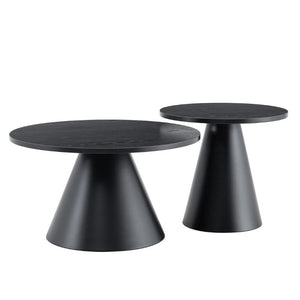 English Elm Round Nesting Coffee Tables Walnut Grain Top Steel Cone Base Mid-Century Living Room Set Black W2920S00231